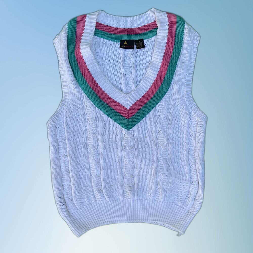 American Vintage White Cable Knit Vest with Pink and Green Trim